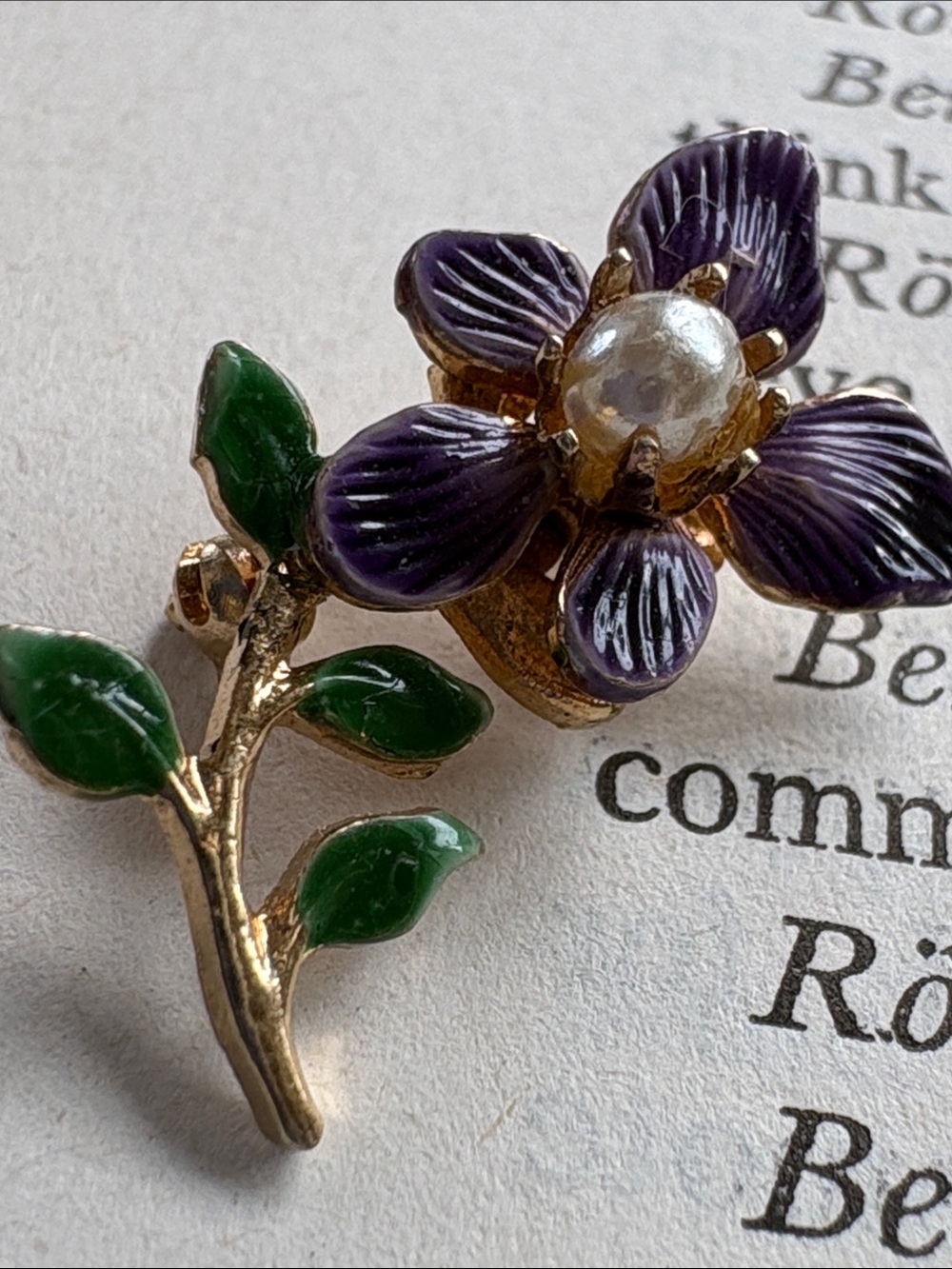 Petite Sweet Purple Enamel Flower Brooch with Vibrant Green Leaves